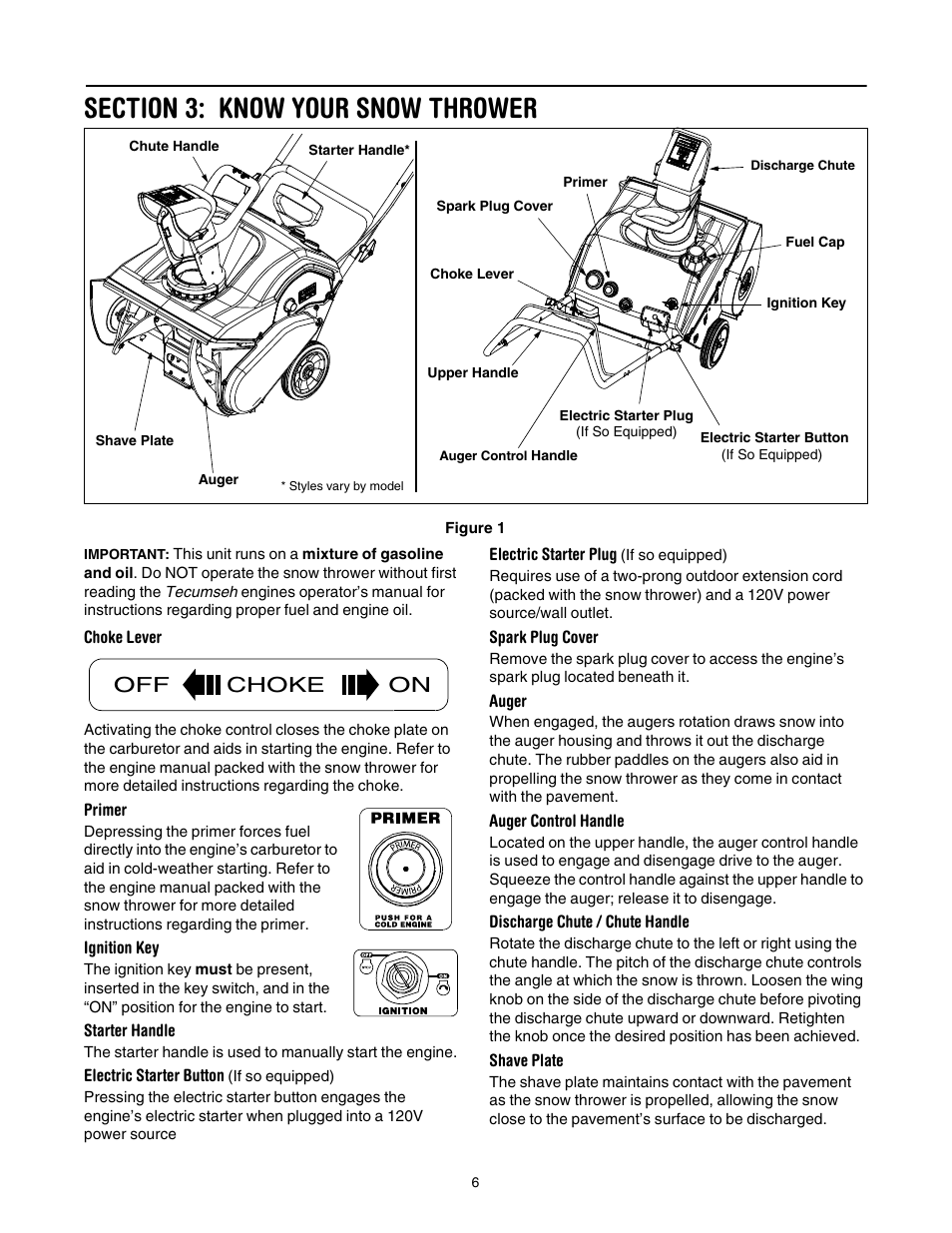 Section 3: know your snow thrower, Choke lever, Primer | Ignition key, Starter handle, Electric starter button (if so equipped), Electric starter plug (if so equipped), Spark plug cover, Auger, Auger control handle | MTD S265 User Manual | Page 6 / 16