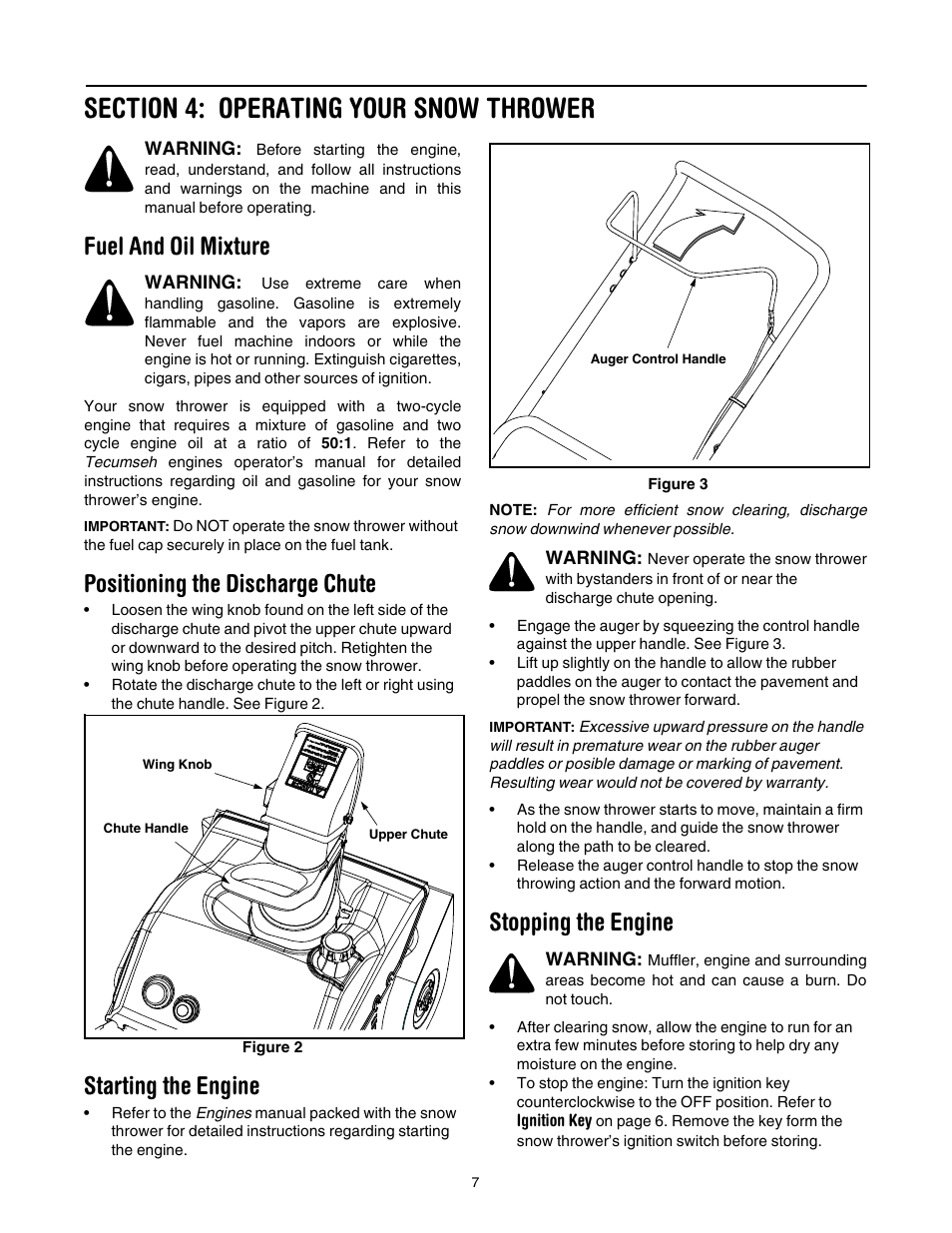 Section 4: operating your snow thrower, Fuel and oil mixture, Positioning the discharge chute | Starting the engine, Stopping the engine | MTD S265 User Manual | Page 7 / 16