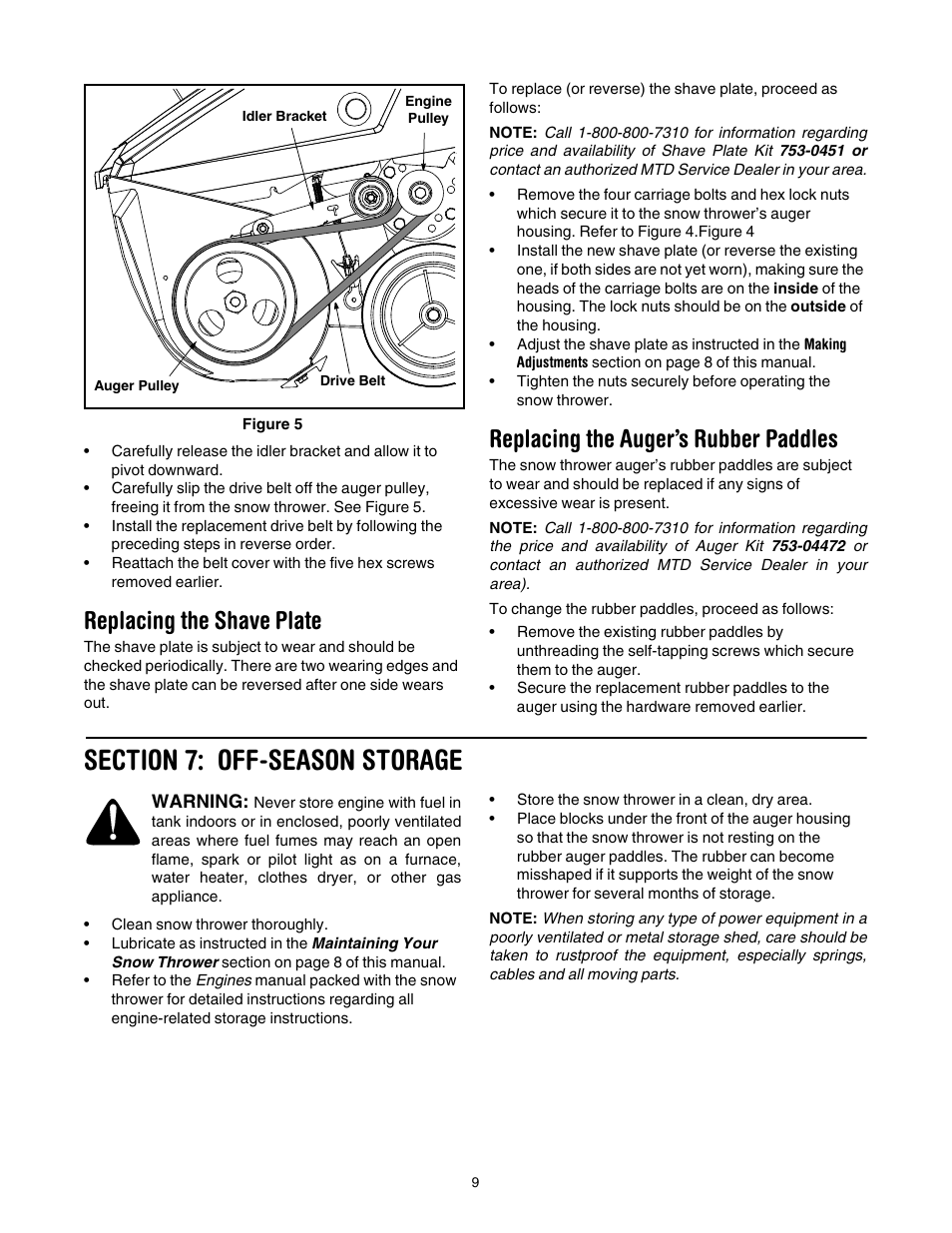 Replacing the shave plate, Replacing the auger’s rubber paddles, Section 7: off-season storage | MTD S265 User Manual | Page 9 / 16