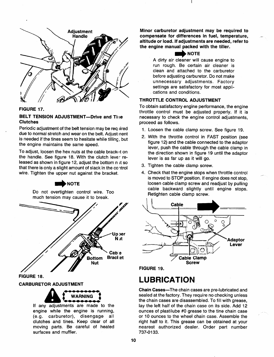 Note, Throttle control adjustment, Lubrication | MTD 219-405-000 User Manual | Page 10 / 24