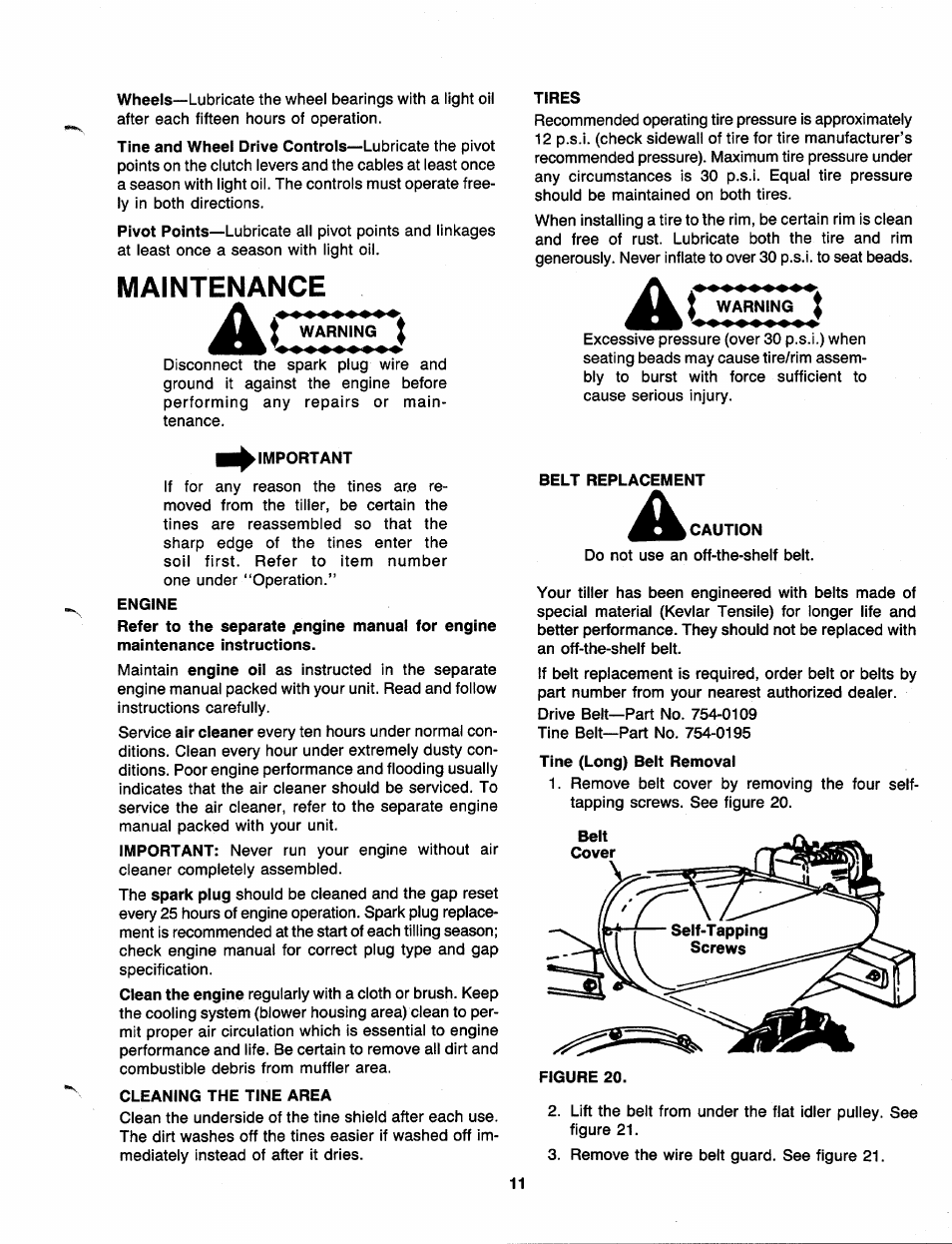 Maintenance, Important, Engine | Cleaning the tine area, Tires, Warning, Belt replacement, A caution | MTD 219-405-000 User Manual | Page 11 / 24