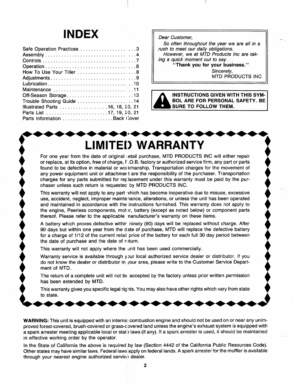 Index, Limited warranty | MTD 219-405-000 User Manual | Page 2 / 24