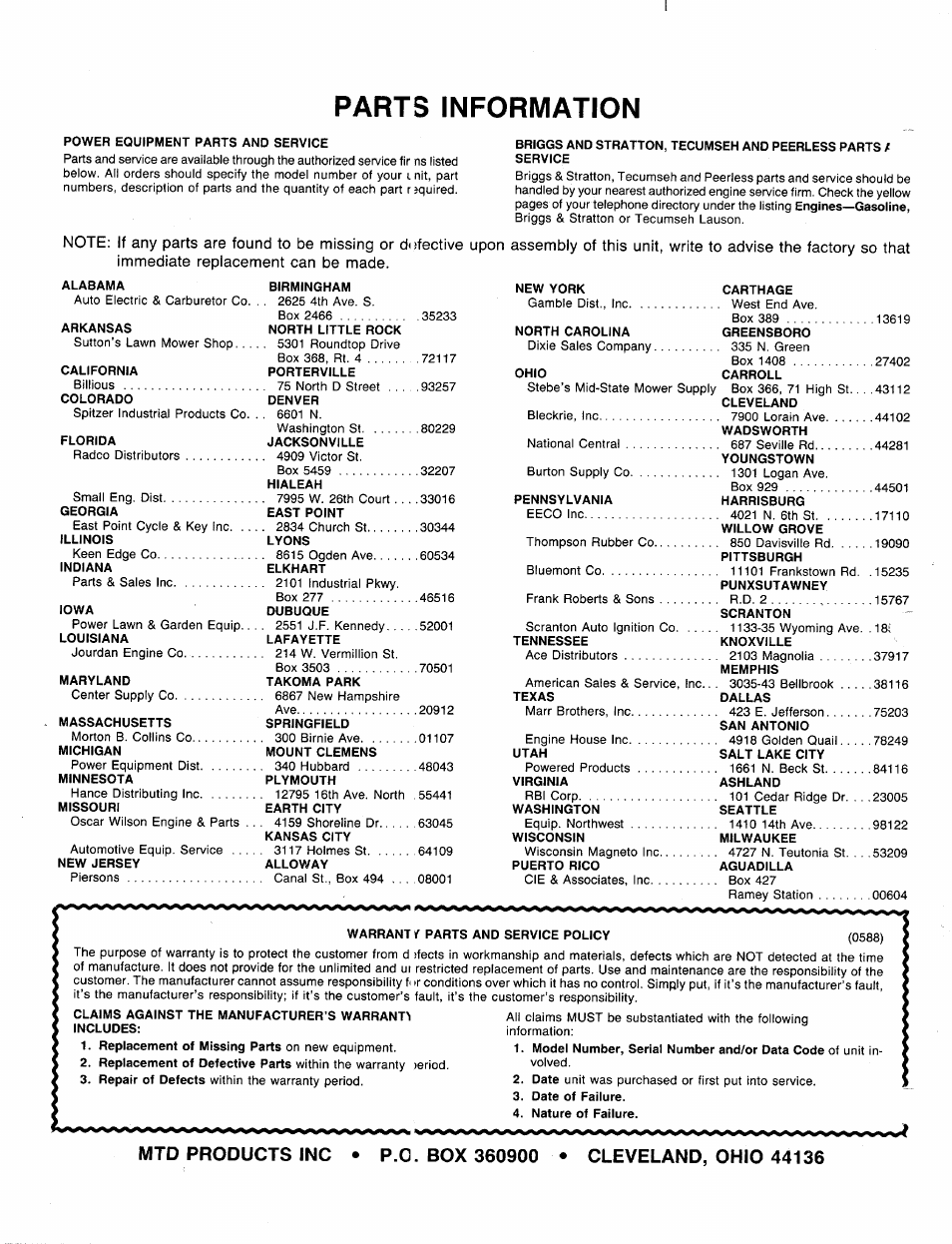 Parts information | MTD 219-405-000 User Manual | Page 24 / 24