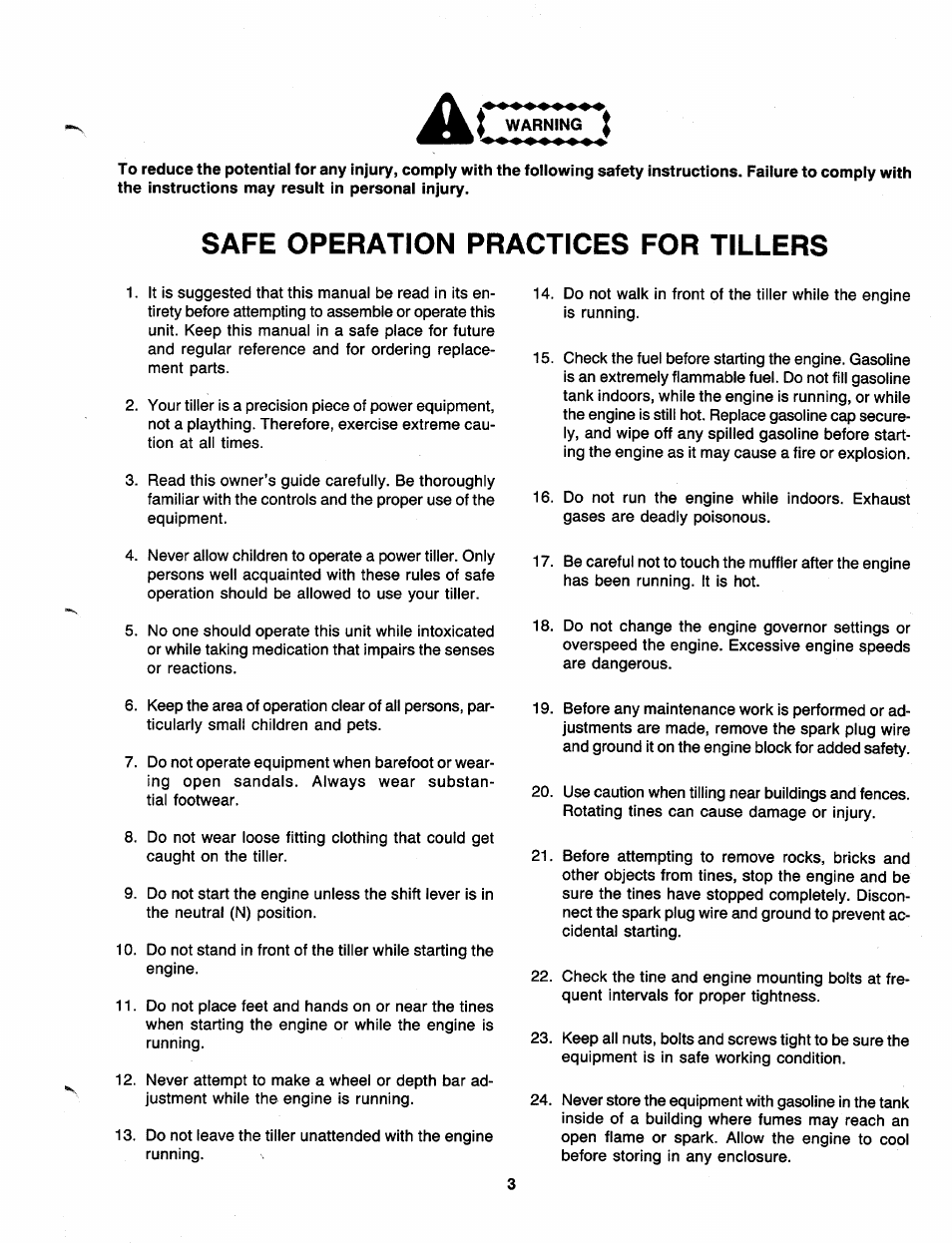 Safe operation practices for tillers | MTD 219-405-000 User Manual | Page 3 / 24