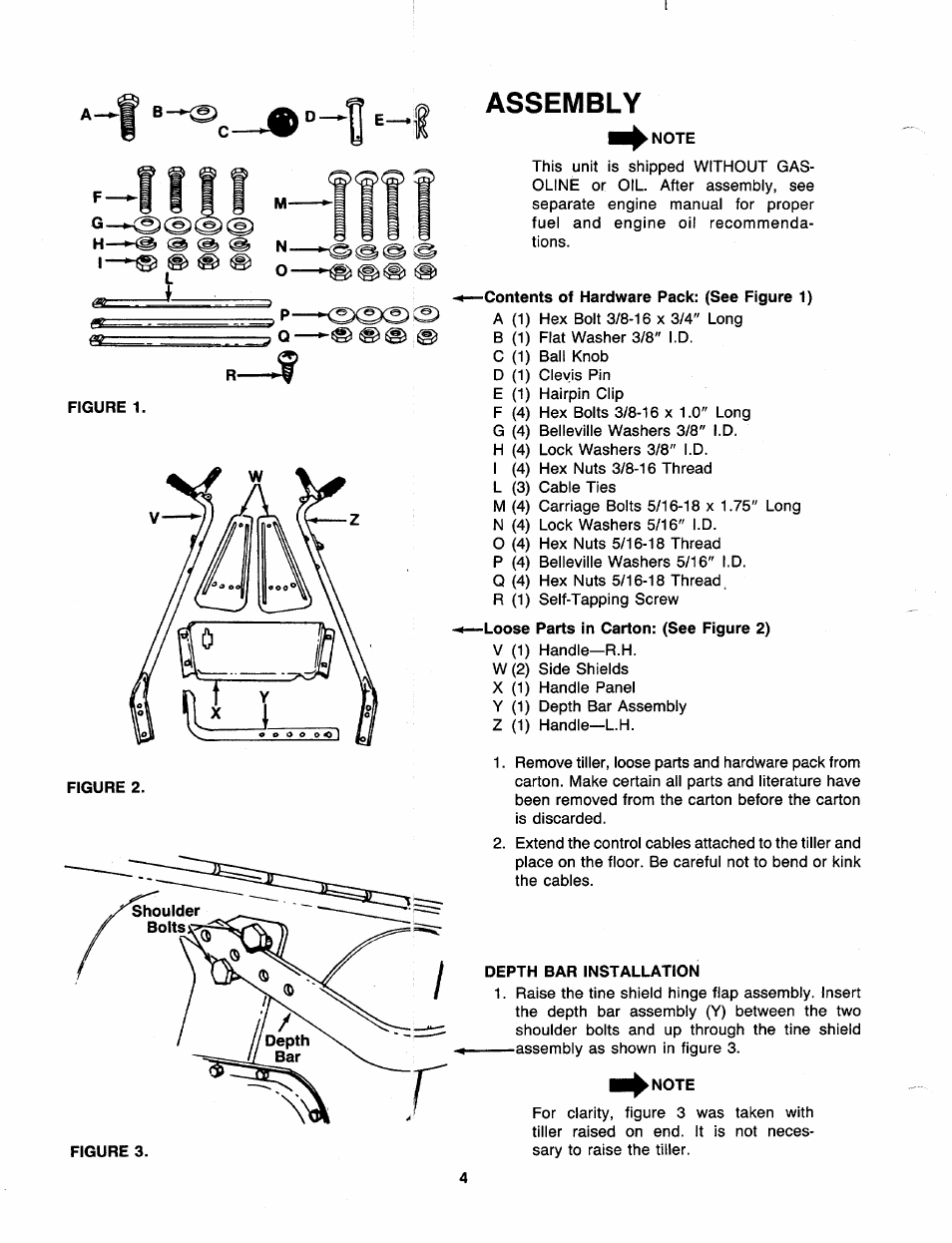 Assembly, Note, Figure 1 | Depth bar installation | MTD 219-405-000 User Manual | Page 4 / 24