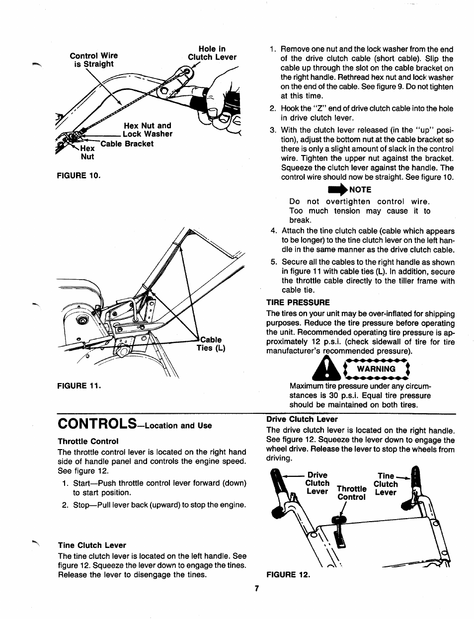 Tire pressure, Warning, Controls | Throttle control, Tine clutch lever | MTD 219-405-000 User Manual | Page 7 / 24