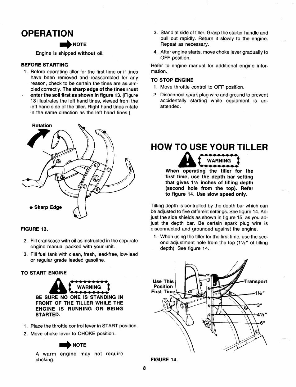 Operation, Note, Before starting | To stop engine, To start engine, Warning, How to use your tiller, Operation how to use your tiller | MTD 219-405-000 User Manual | Page 8 / 24