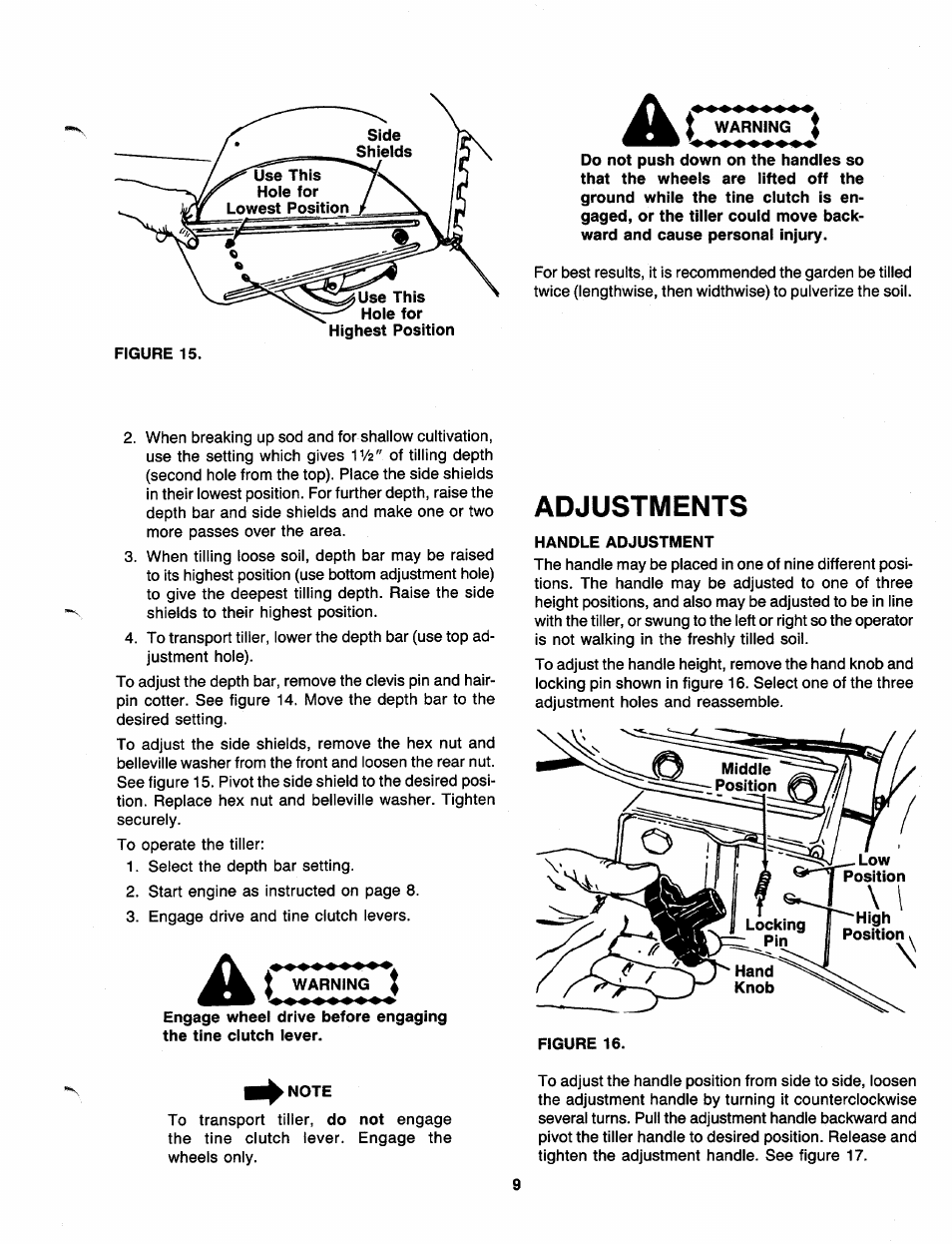 Warning, Adjustments, Handle adjustment | Note | MTD 219-405-000 User Manual | Page 9 / 24