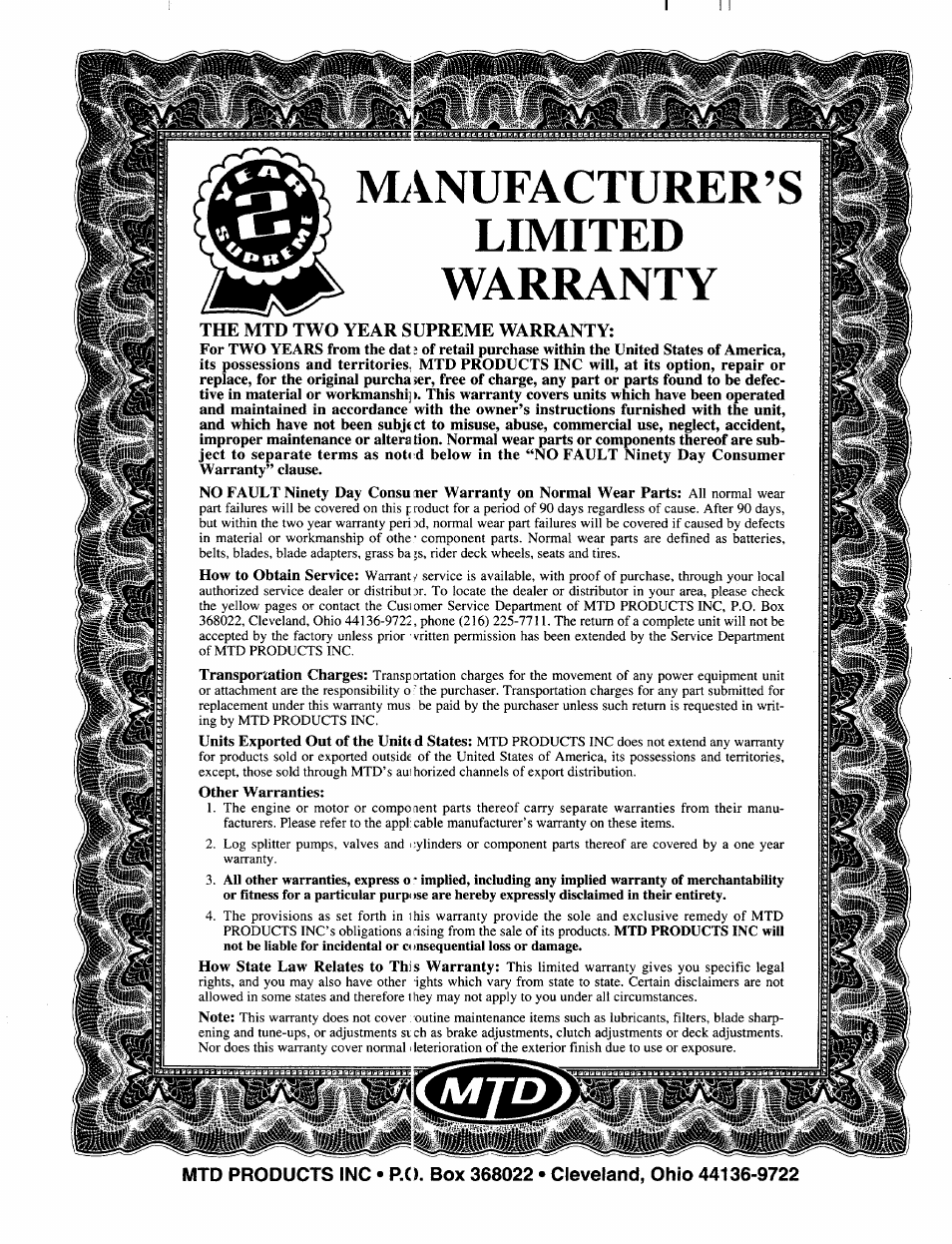 Manufacturer’s limited warranty | MTD 113-410A000 User Manual | Page 16 / 16