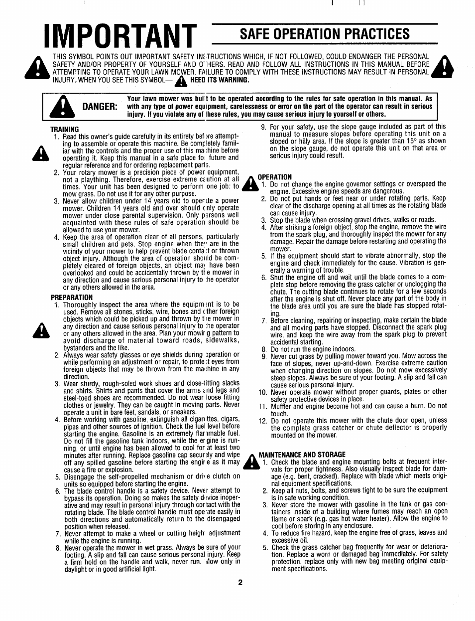 Safe operation practices, Important | MTD 113-410A000 User Manual | Page 2 / 16