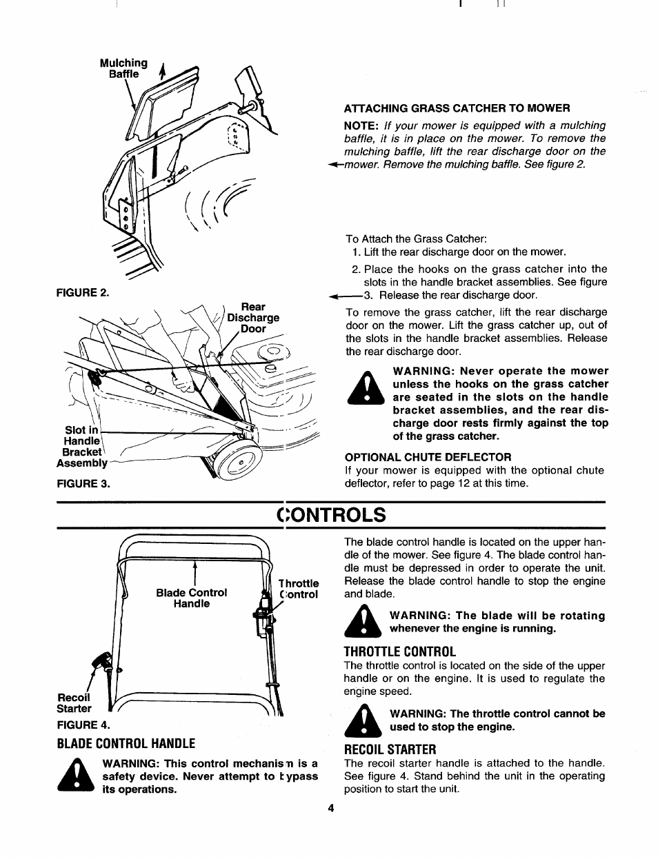 Figure 2, Attaching grass catcher to mower, Optional chute deflector | Controls, Blade control handle, Throhle control, Recoil starter | MTD 113-410A000 User Manual | Page 4 / 16