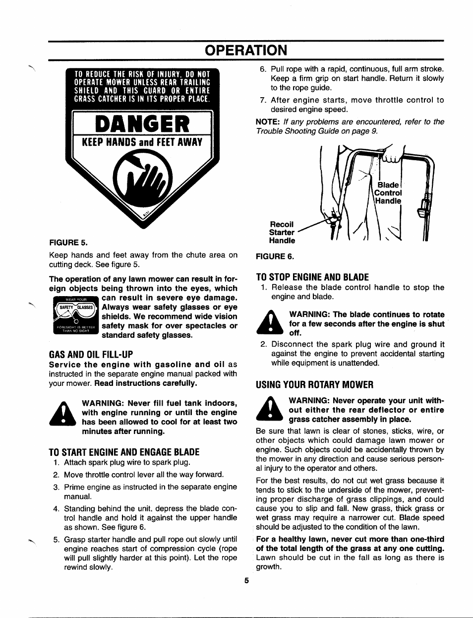 Operation, Gas and oil fill-up, To start engine and engage blade | To stop engine and blade, Using your rotary mower | MTD 113-410A000 User Manual | Page 5 / 16