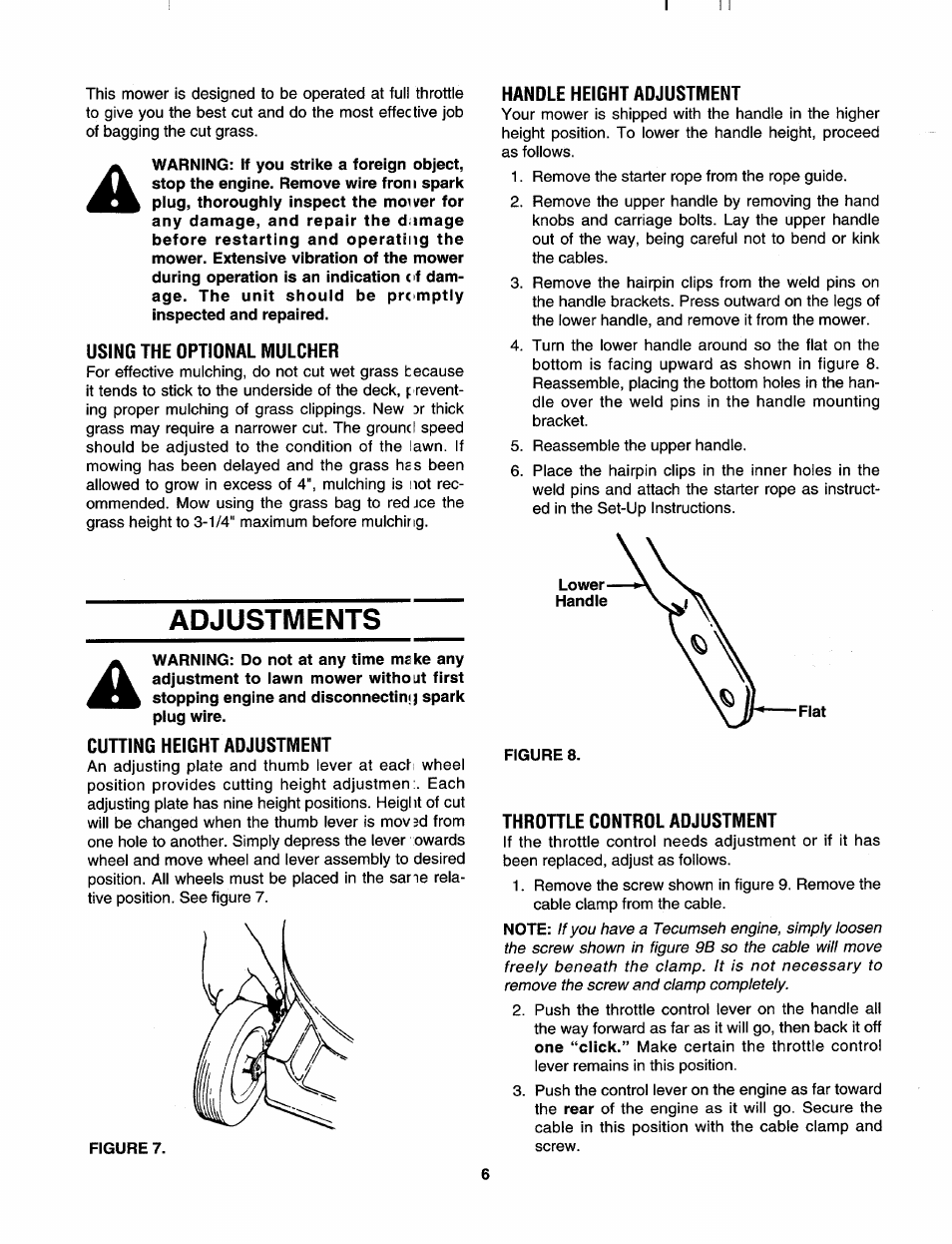Using the optional mulcher, Adjustments, Cutting height adjustment | Handle height adjustment, Figure 8, Throttle control adjustment | MTD 113-410A000 User Manual | Page 6 / 16