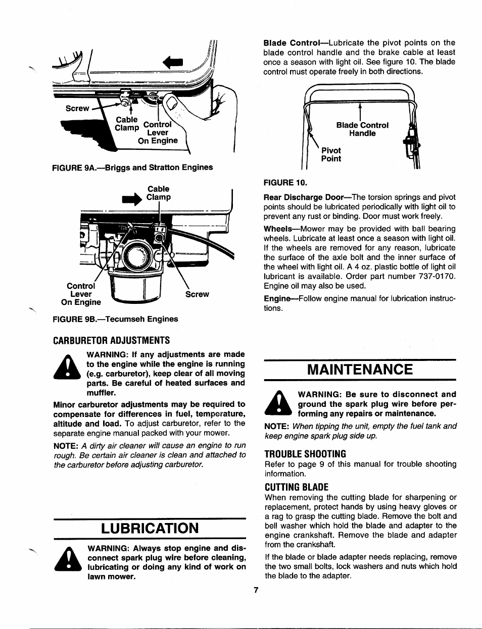 Figure 10, Carburetor adjustments, Lubrication | Maintenance, Trouble shooting, Cuning blade | MTD 113-410A000 User Manual | Page 7 / 16