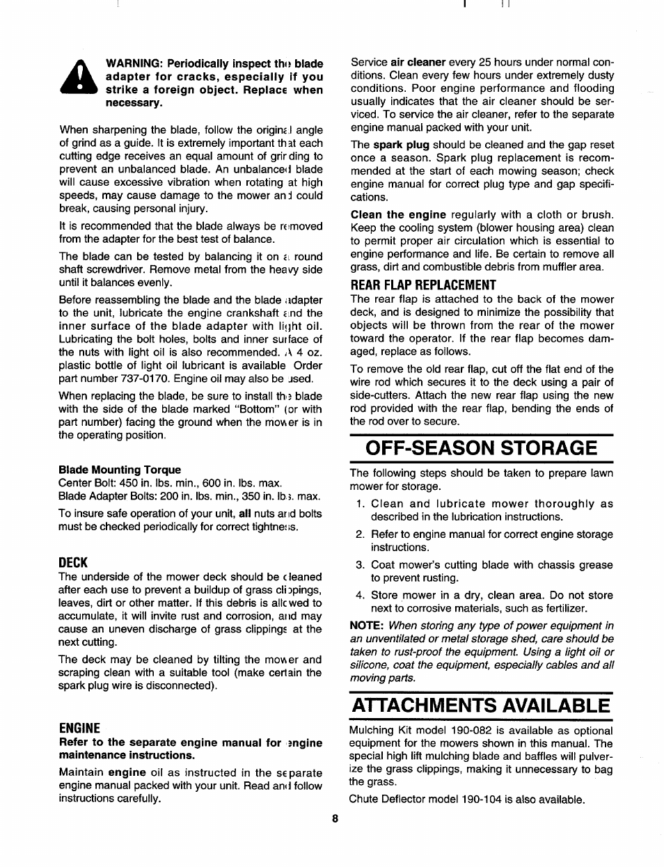 Blade mounting torque, Deck, Engine | Rear flap replacement, Off-season storage, Attachments available | MTD 113-410A000 User Manual | Page 8 / 16