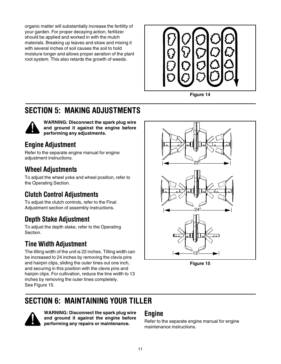 Figure 14, Figure 15, E figure 14 | Engine adjustment, Wheel adjustments, Clutch control adjustments, Depth stake adjustment, Tine width adjustment, Engine | MTD 340 Thru 390 User Manual | Page 11 / 24