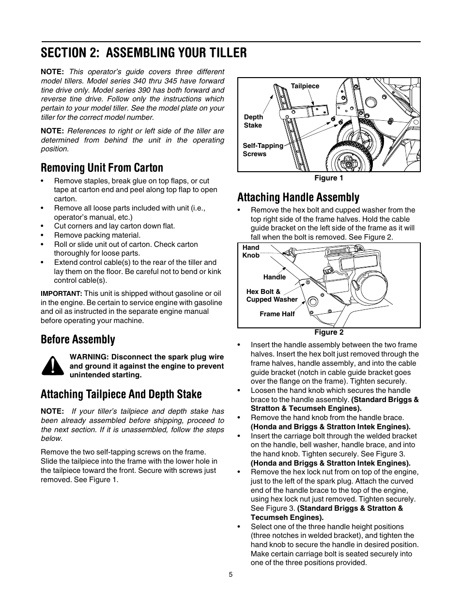 Figure 1, Figure 2, Removing unit from carton | Before assembly, Attaching tailpiece and depth stake, Attaching handle assembly | MTD 340 Thru 390 User Manual | Page 5 / 24