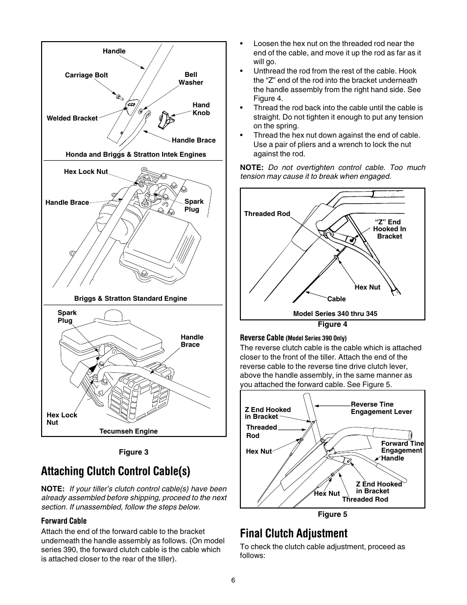 Figure 3, Figure 4, Figure 5 | E figure 3, Attaching clutch control cable(s), Final clutch adjustment | MTD 340 Thru 390 User Manual | Page 6 / 24