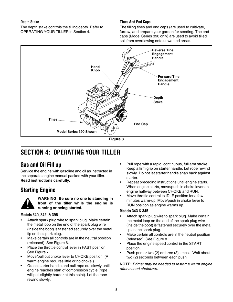 Figure 8, See figure 8, Gas and oil fill up | Starting engine | MTD 340 Thru 390 User Manual | Page 8 / 24