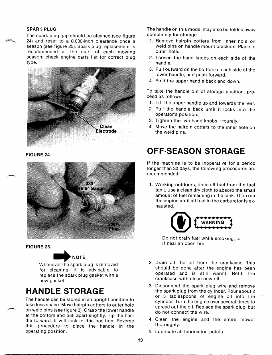 Spark plug, Figure 25, Handle storage | Off season storage, Warning, Handle storage off-season storage | MTD 110-329A User Manual | Page 13 / 17