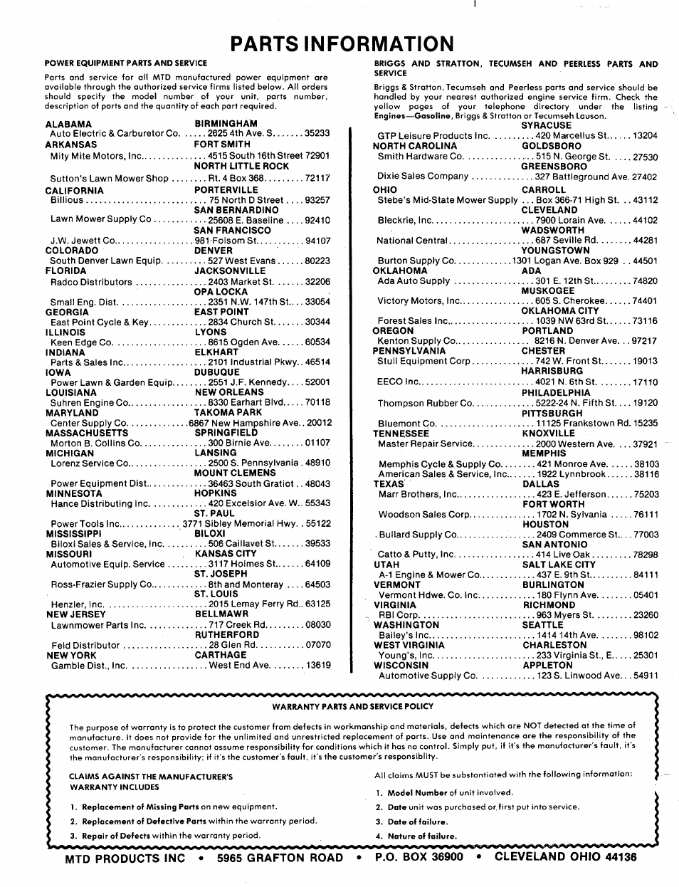 Parts information | MTD 110-329A User Manual | Page 17 / 17