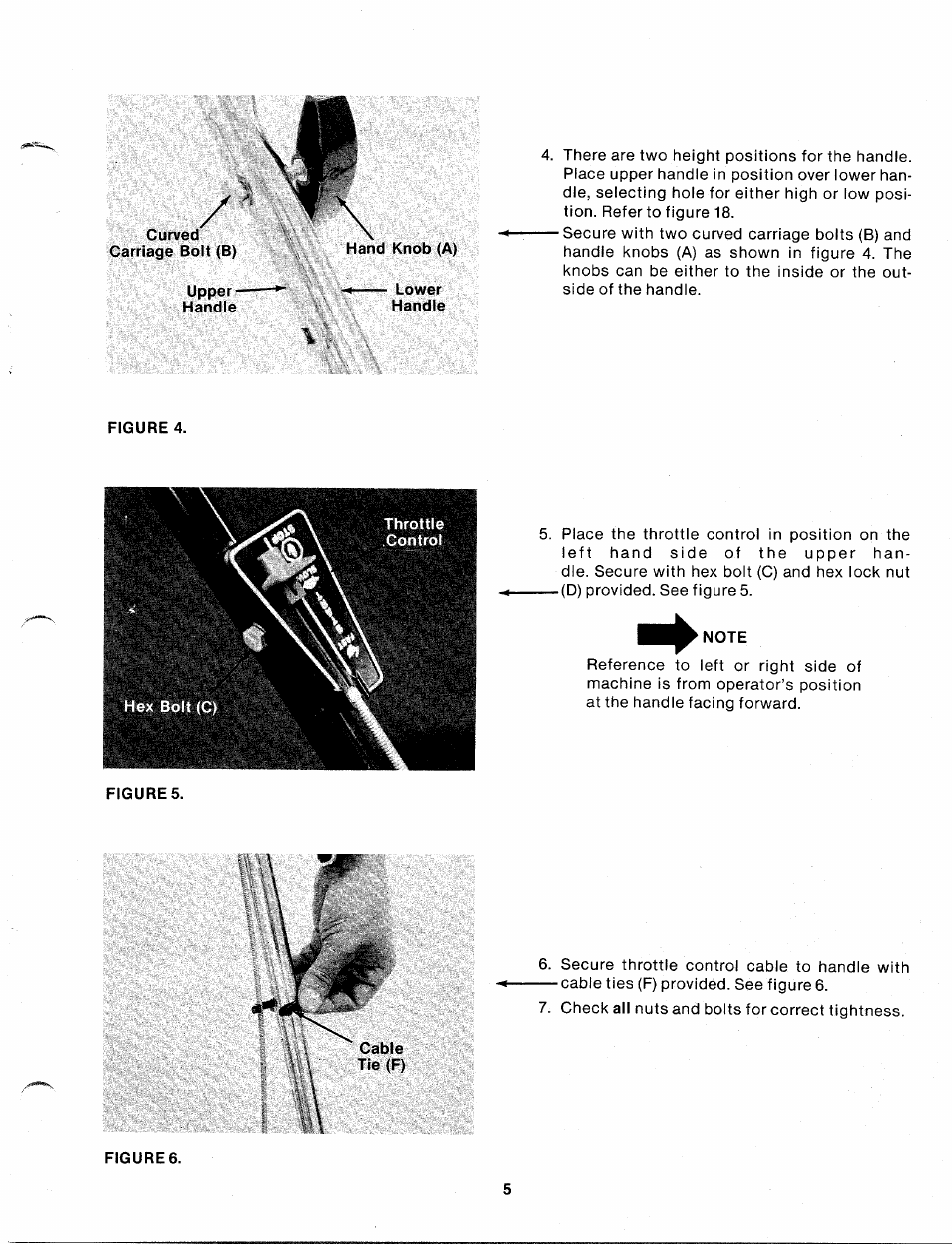 Curved carriage bolt (b), Upper- handle, Hand knob (a) | Lower handle, Note | MTD 110-329A User Manual | Page 5 / 17