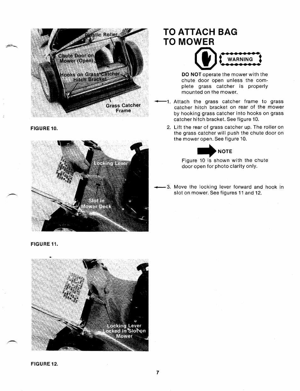 To attach bag to mower, Warning, Note | MTD 110-329A User Manual | Page 7 / 17