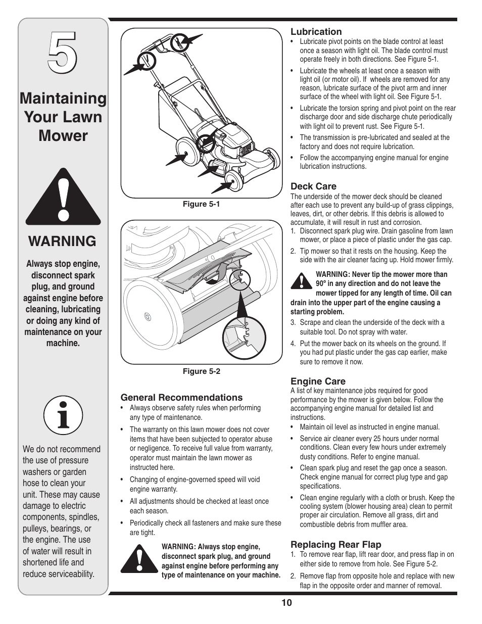 Maintaining your lawn mower, Warning | MTD V560 User Manual | Page 10 / 20