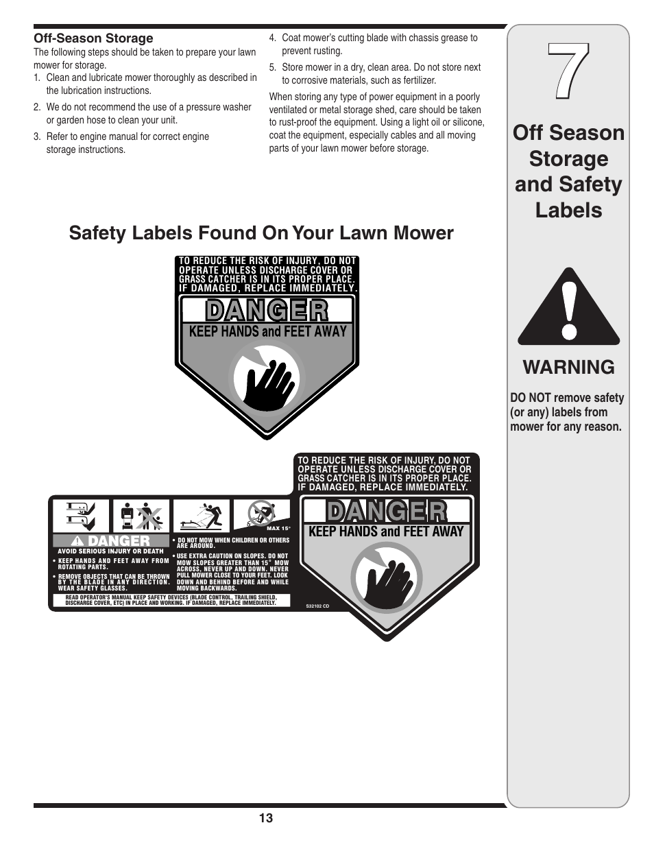 Off season storage and safety labels, Warning, Safety labels found on your lawn mower | MTD V560 User Manual | Page 13 / 20
