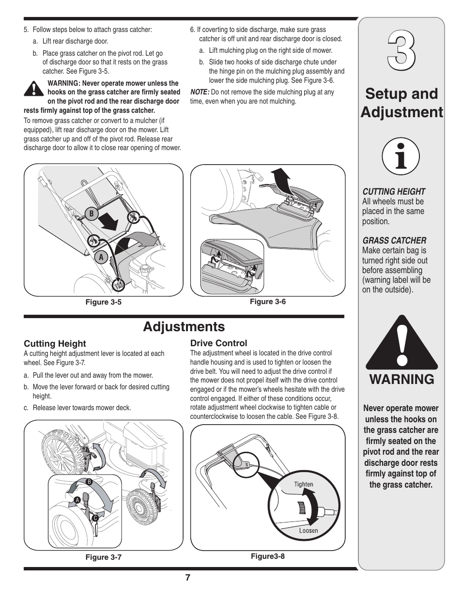 Setup and adjustment, Warning, Adjustments | MTD V560 User Manual | Page 7 / 20