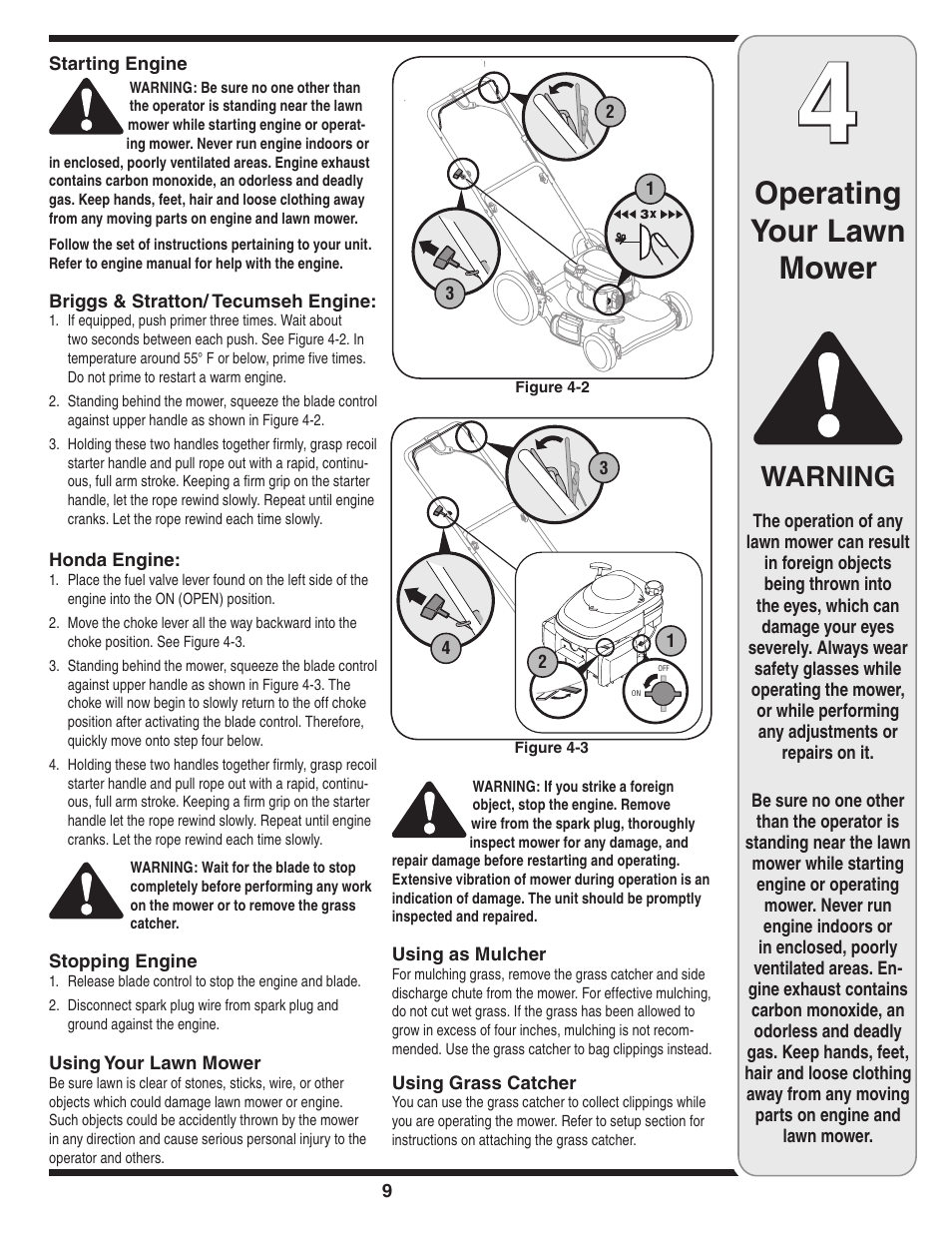 Operating your lawn mower, Warning | MTD V560 User Manual | Page 9 / 20