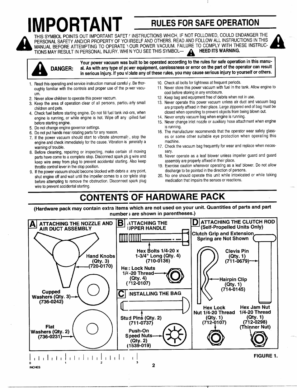 Rules for safe operation, Contents of hardware pack, Flat | I attaching the upper handle, Installing the bag, Qty. 2), Important | MTD 242-685-000 User Manual | Page 2 / 12