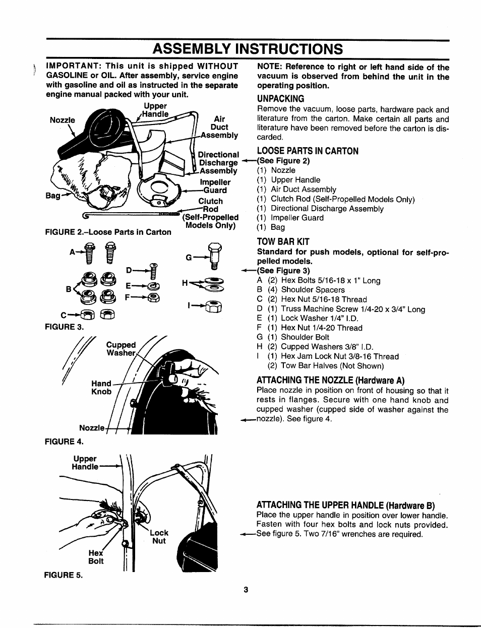 Assembly instructions, Nozzle :—-—air, Unpacking | Loose parts in carton, Tow bar kit, Ahaching the nozzle (hardware a), Attaching the upper handle (hardware b) | MTD 242-685-000 User Manual | Page 3 / 12