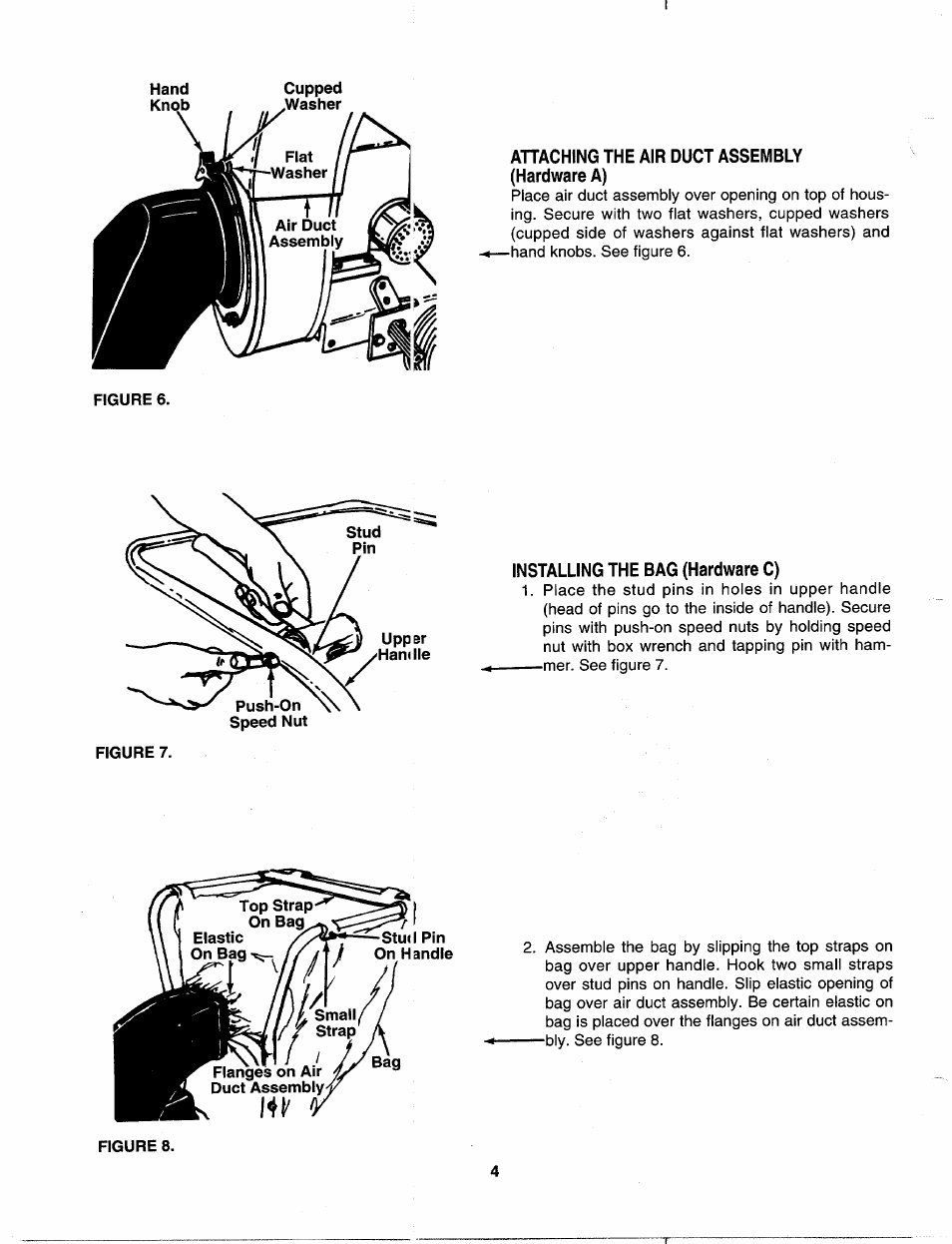 Attaching the air duct assembly (hardware a), Installing the bag (hardware c), Stud pin handle | MTD 242-685-000 User Manual | Page 4 / 12