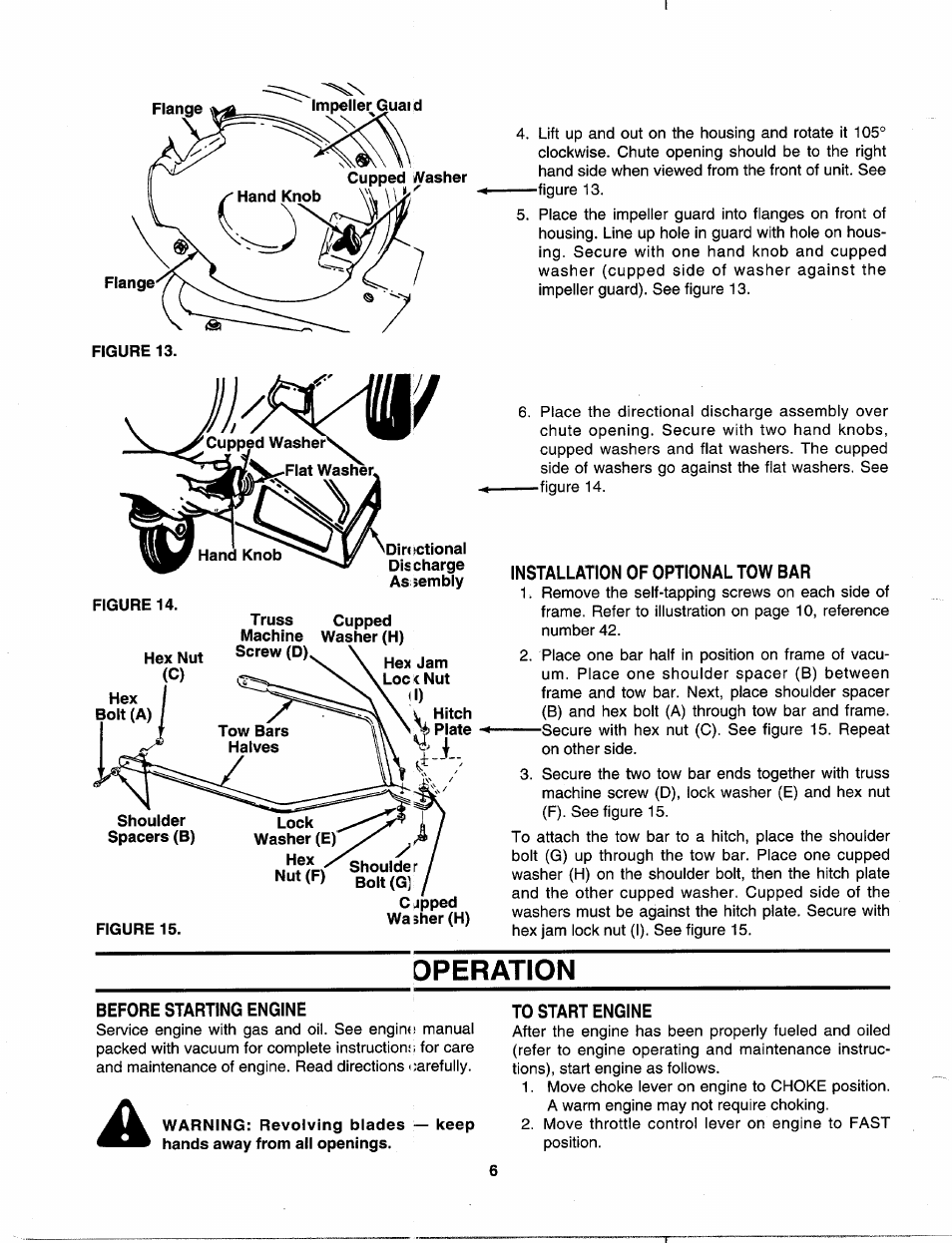 Diriictional, Lock, Installation of optional tow bar | Operation, Before starting engine, To start engine | MTD 242-685-000 User Manual | Page 6 / 12