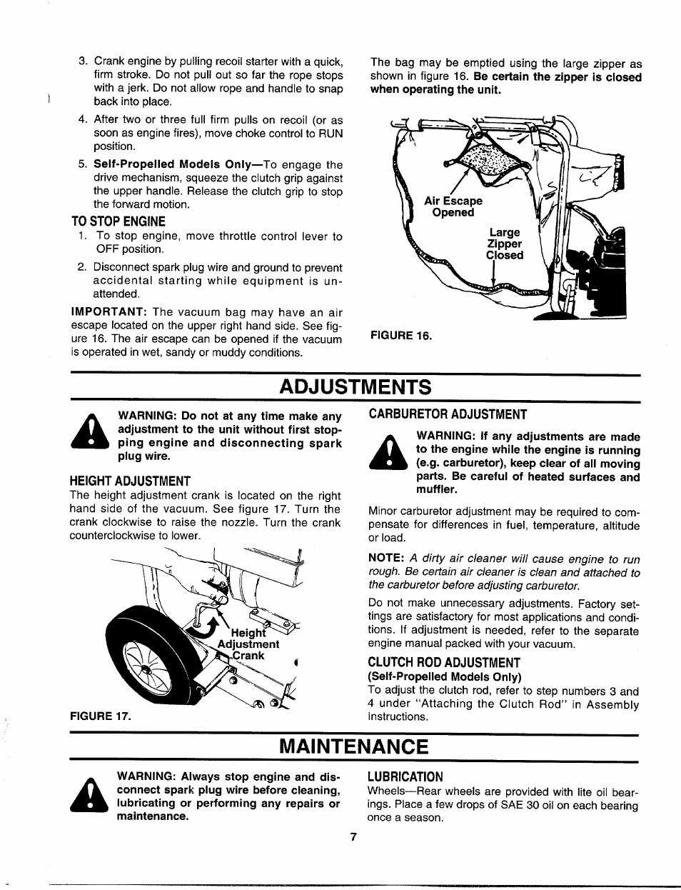 To stop engine, Adjustments, Height adjustment | Carburetor adjustment, Figure 17, Clutch rod adjustment, Maintenance, Lubrication | MTD 242-685-000 User Manual | Page 7 / 12