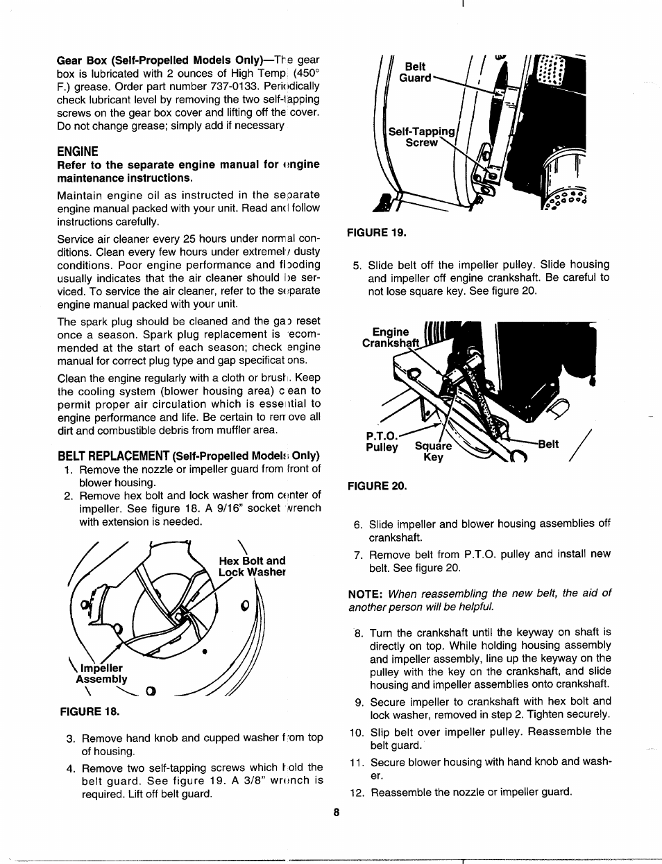 Engine, Belt replacement (self-propelled model.*; only), P.t.o pulley square key | Figure 20 | MTD 242-685-000 User Manual | Page 8 / 12