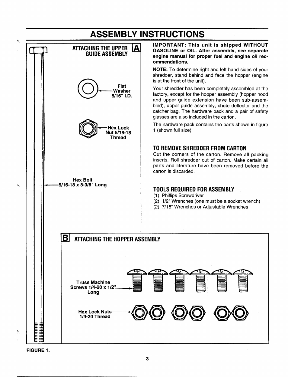 Assembly instructions, Attaching the upper guide assembly, Hex bolt | To remove shredder from carton, Tools required for assembly, Attaching the hopper assembly, Assembly instructions ct | MTD 645C thru 650C User Manual | Page 3 / 12