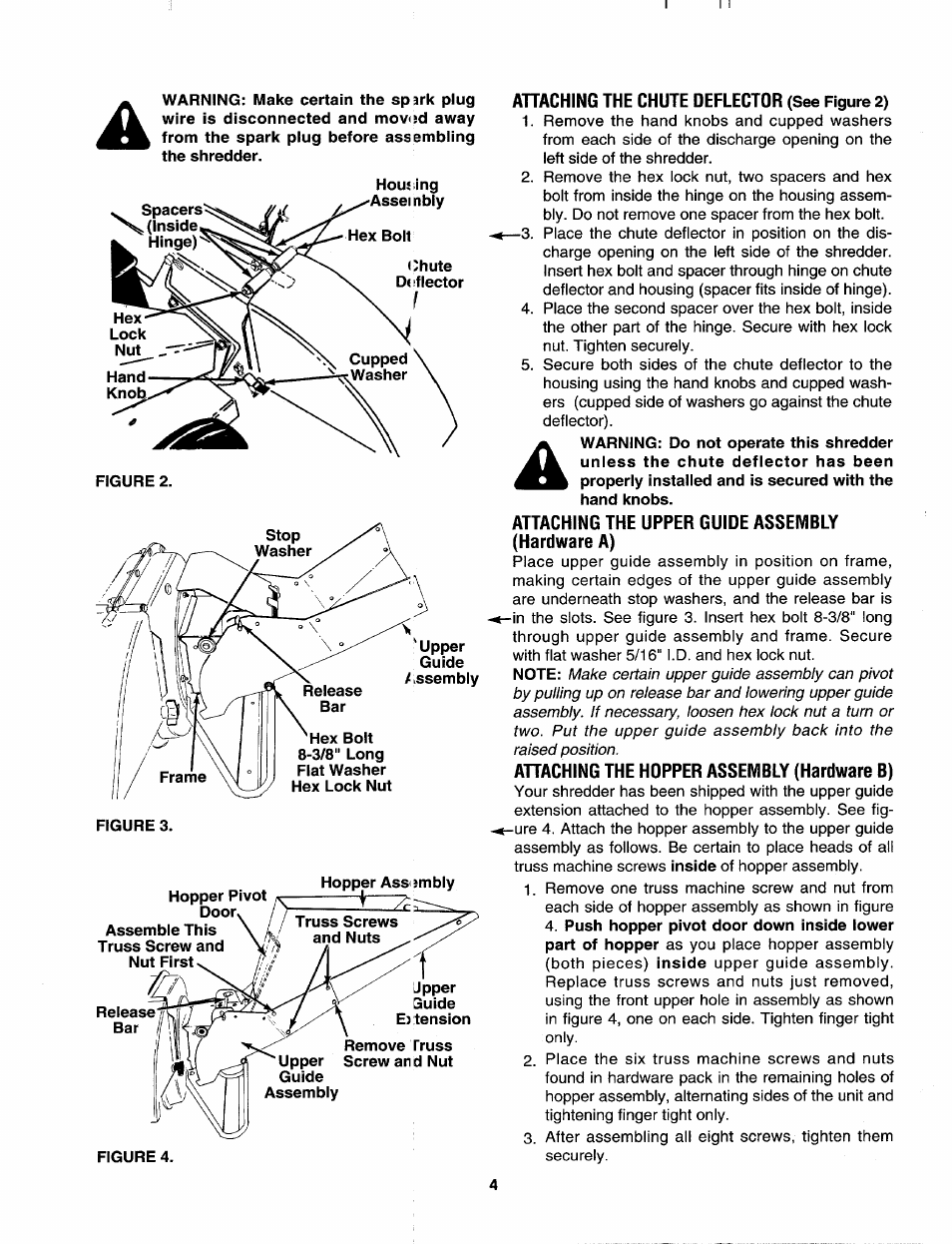 Ahaching the chute deflector (see figure 2), Hopper pivot door, Attaching the upper guide assembly (hardware a) | Ahaching the hopper assembly (hardware b) | MTD 645C thru 650C User Manual | Page 4 / 12