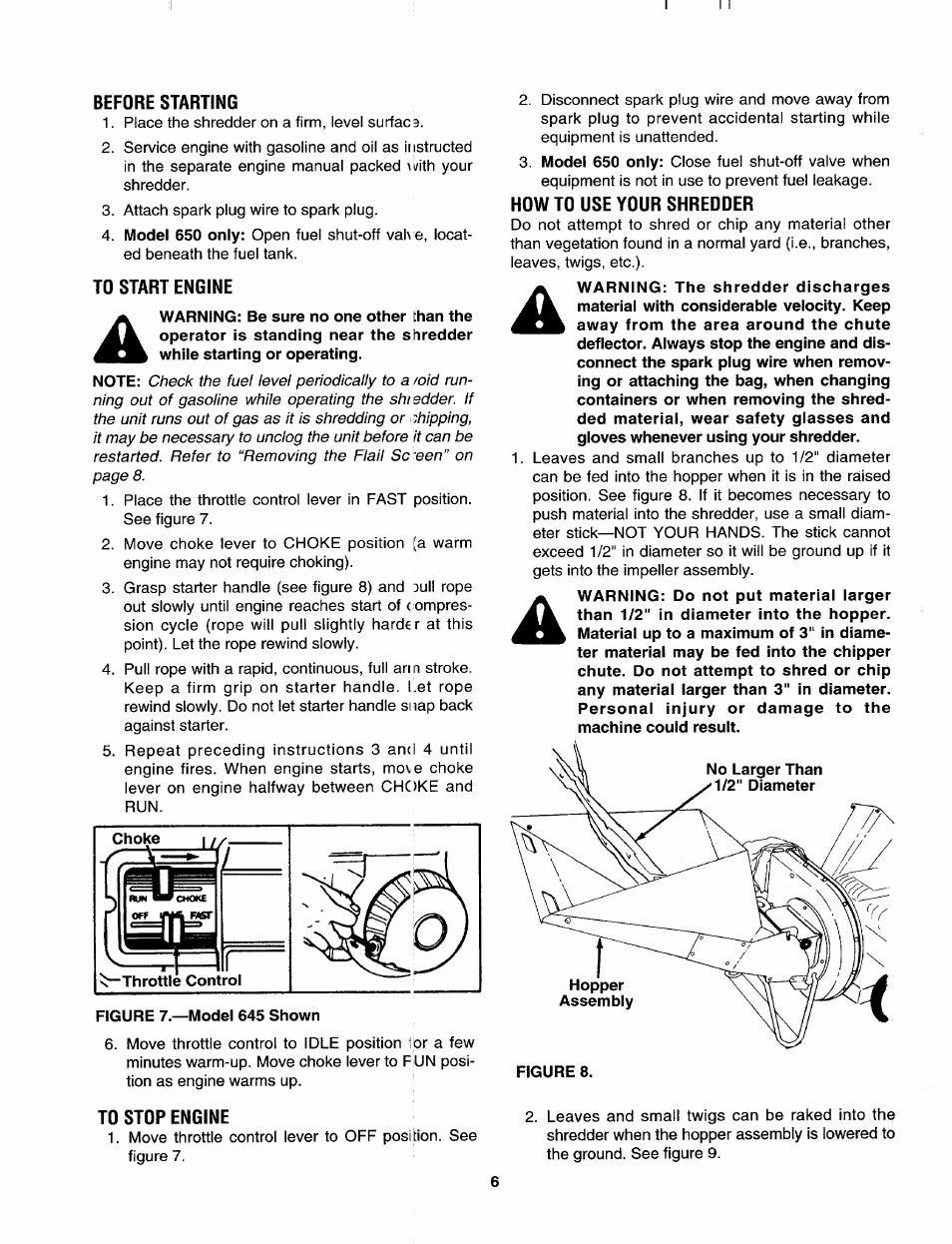 Before starting, To start engine, Figure 7.—model 645 shown | To stop engine, Howto use your shredder | MTD 645C thru 650C User Manual | Page 6 / 12