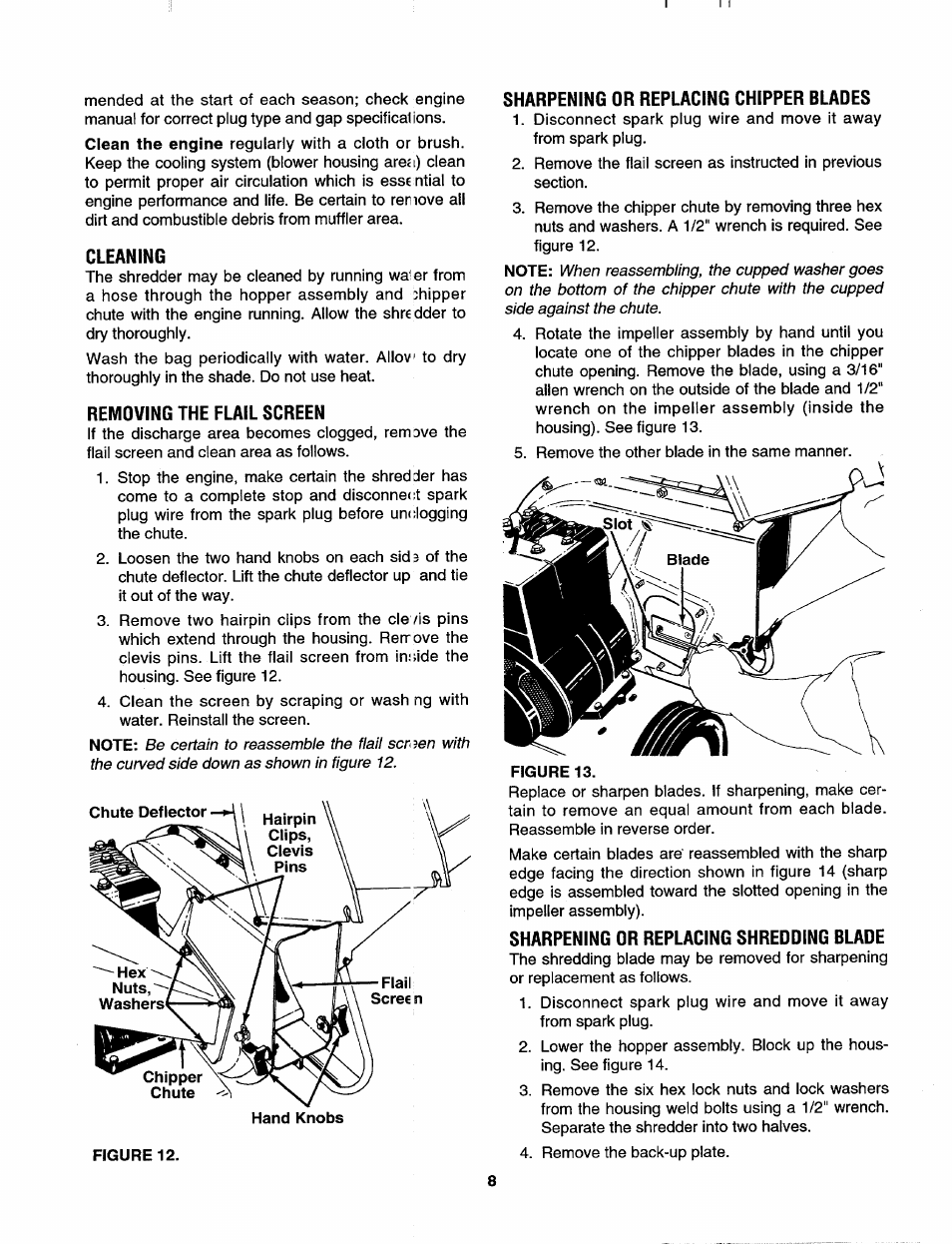 Cleaning, Removing the flail screen, Sharpening or replacing chipper blades | Sharpening or replacing shredding blade | MTD 645C thru 650C User Manual | Page 8 / 12