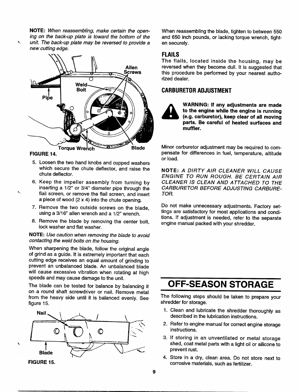 Flails, Carburetor adjustment, Off-season storage | MTD 645C thru 650C User Manual | Page 9 / 12