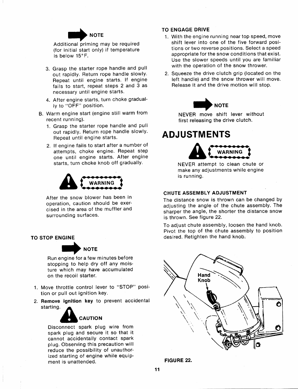 Note, Ac warning, To stop engine | Caution, To engage drive, Adjustments, Chute assembly adjustment | MTD 315-860-000 User Manual | Page 11 / 32