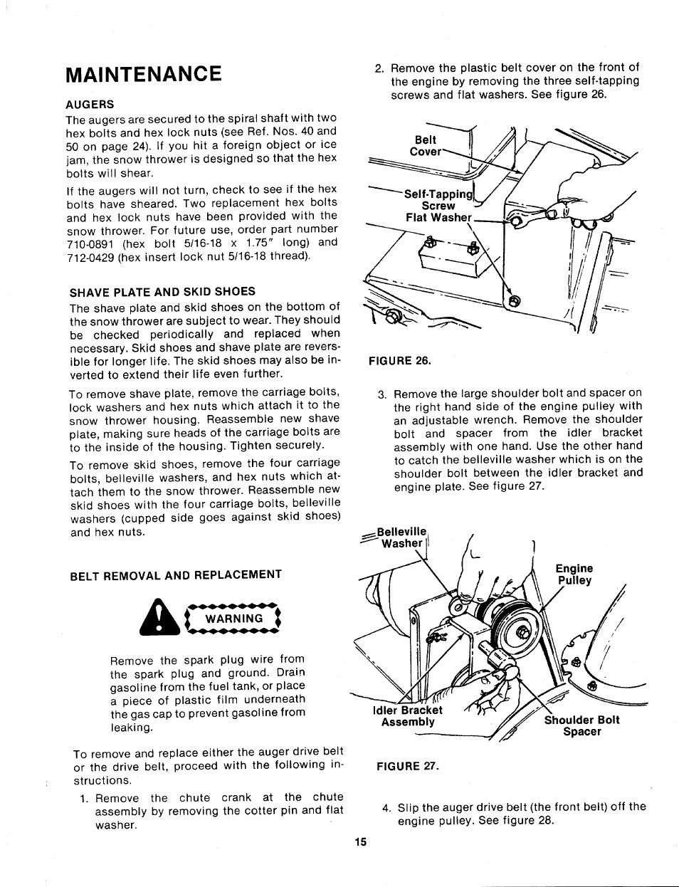 Maintenance, Augers, Shave plate and skid shoes | Belt removal and replacement | MTD 315-860-000 User Manual | Page 15 / 32