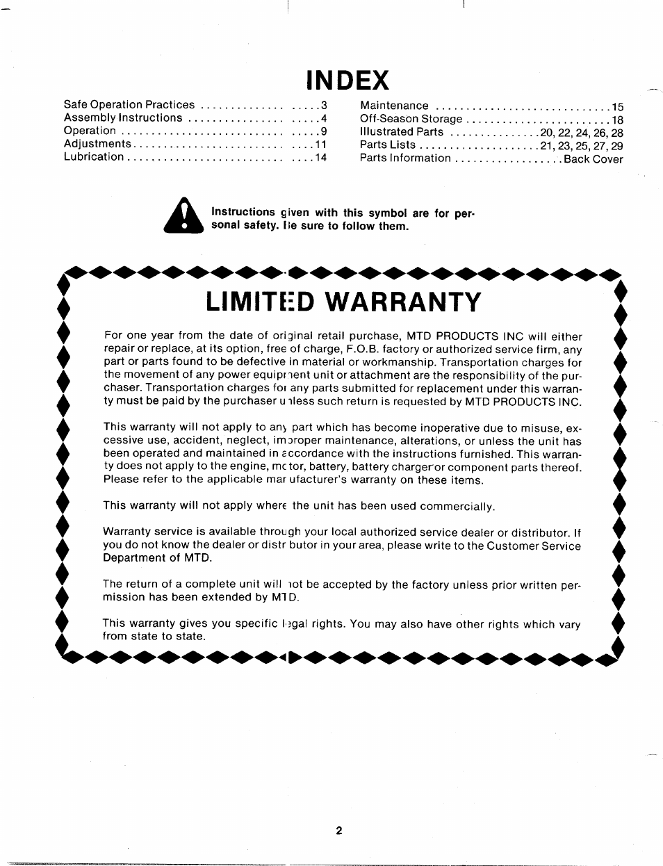 Index, Limited warranty | MTD 315-860-000 User Manual | Page 2 / 32