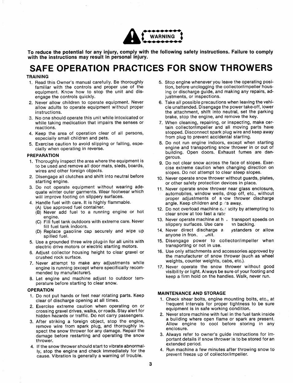 Safe operation practices for snow throwers | MTD 315-860-000 User Manual | Page 3 / 32