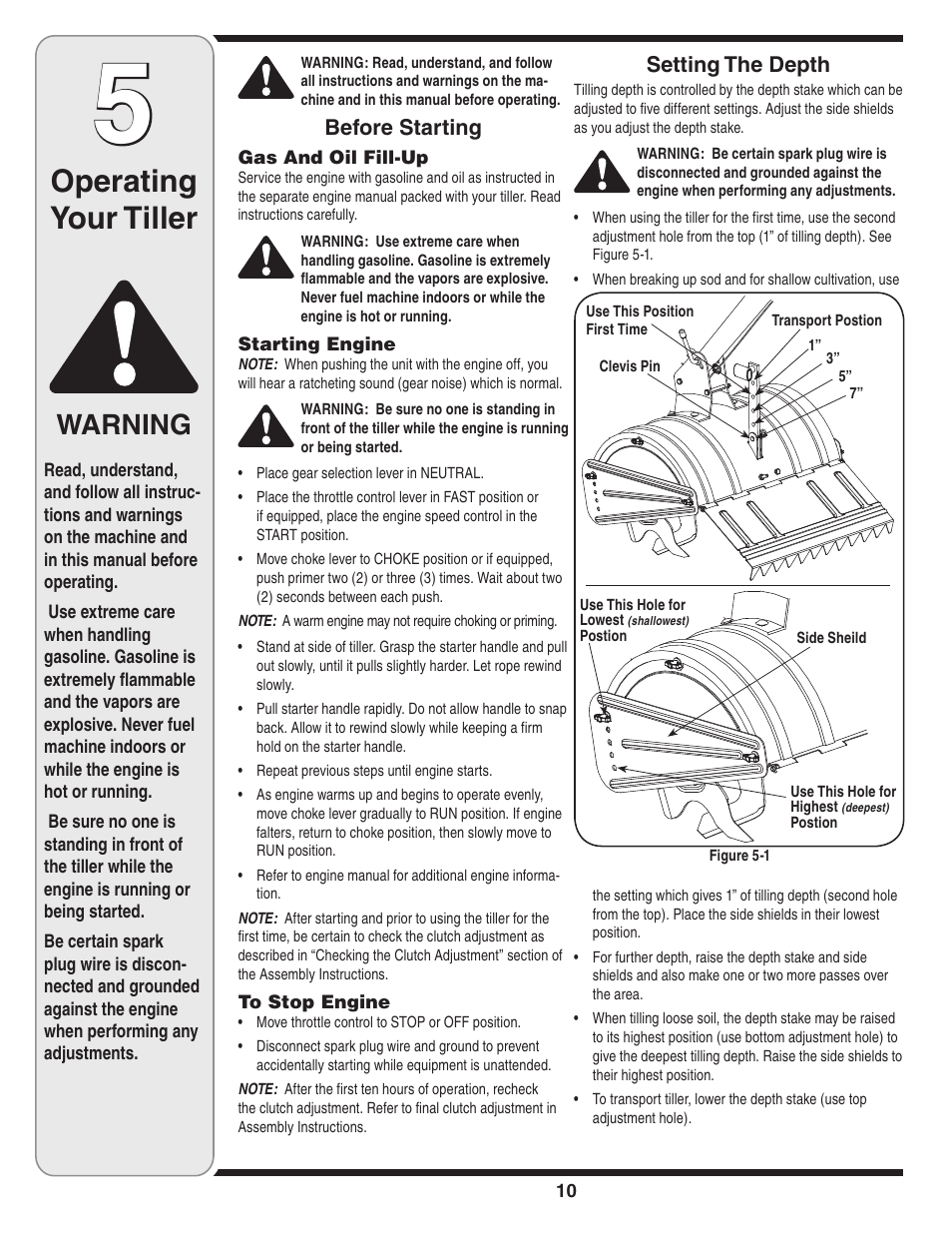 Operating your tiller, Warning, Setting the depth | Before starting | MTD 450 User Manual | Page 10 / 24