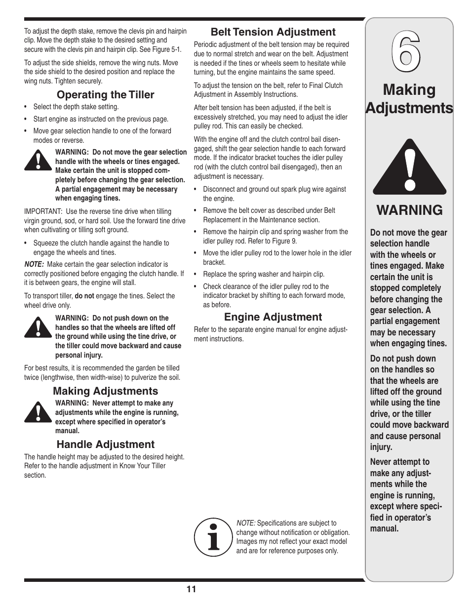 Making adjustments, Warning | MTD 450 User Manual | Page 11 / 24