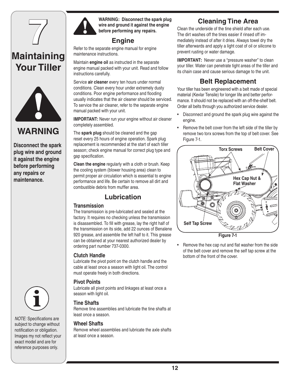 Maintaining your tiller, Warning | MTD 450 User Manual | Page 12 / 24