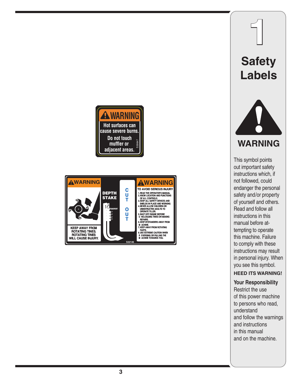 Safety labels, Warning | MTD 450 User Manual | Page 3 / 24